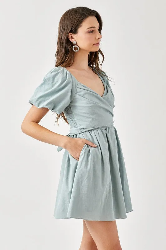 Mustard Seed Junior Cross Wrap Front Puff Sleeve Dress
