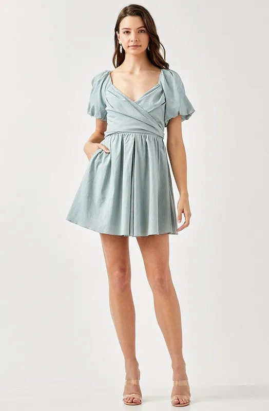 Mustard Seed Junior Cross Wrap Front Puff Sleeve Dress