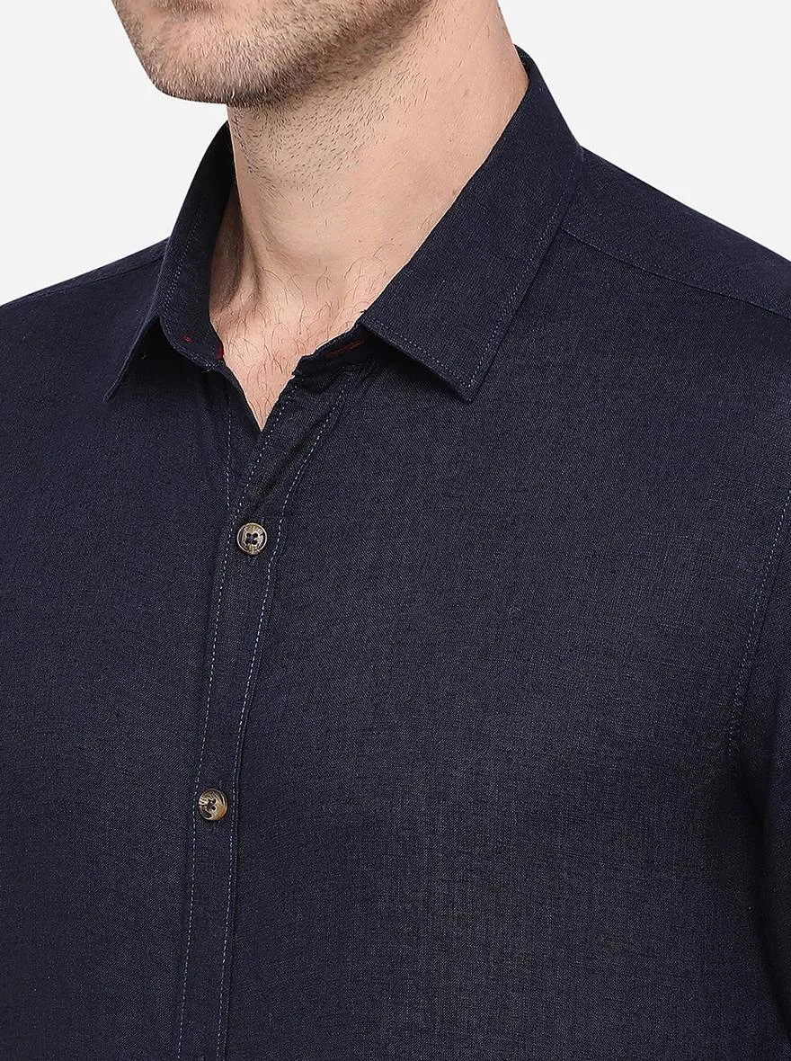 Navy Blue Solid Slim Fit Casual Shirt | JadeBlue