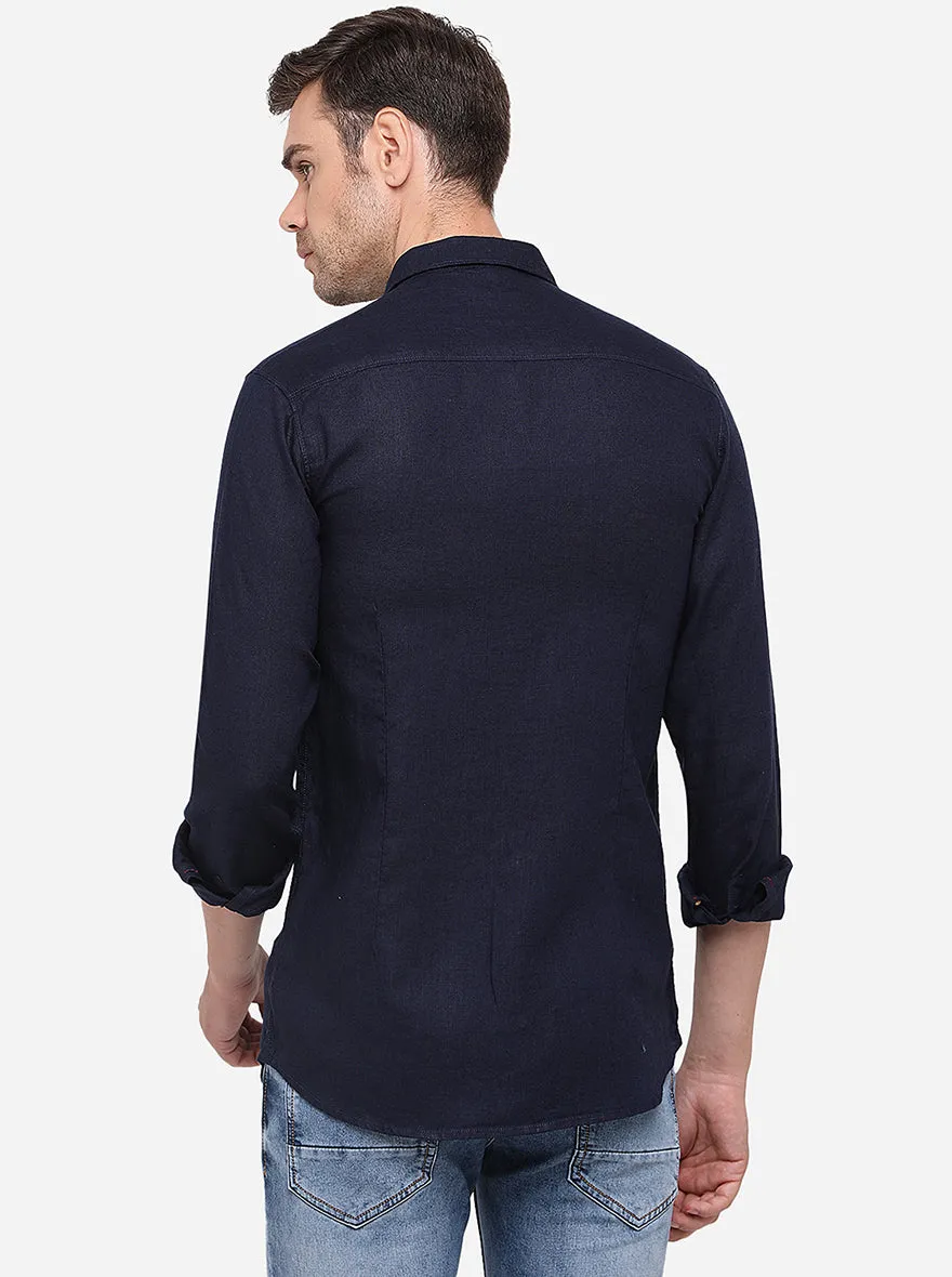 Navy Blue Solid Slim Fit Casual Shirt | JadeBlue