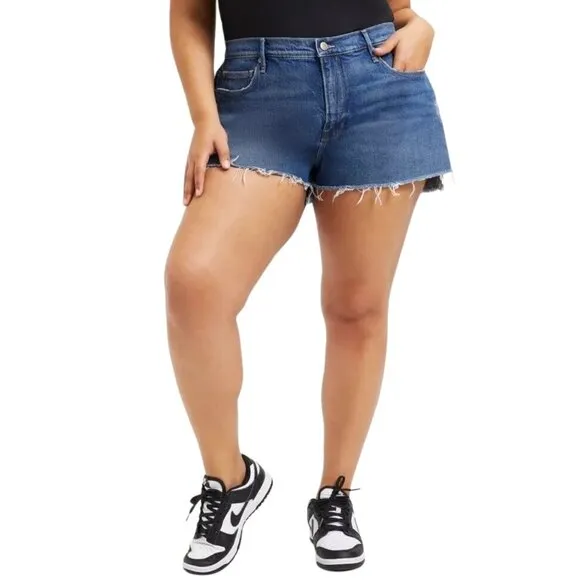 NEW Good American Good 90's Raw Hem Distressed Jean Shorts in Blue645 Sz. 22