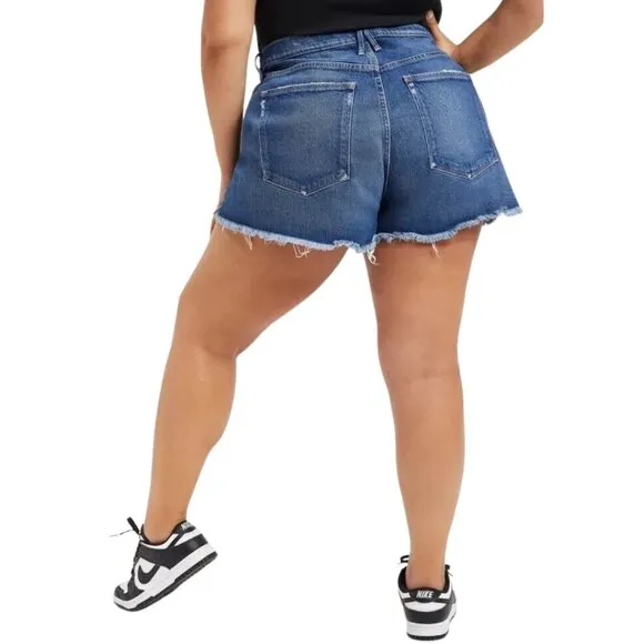 NEW Good American Good 90's Raw Hem Distressed Jean Shorts in Blue645 Sz. 22