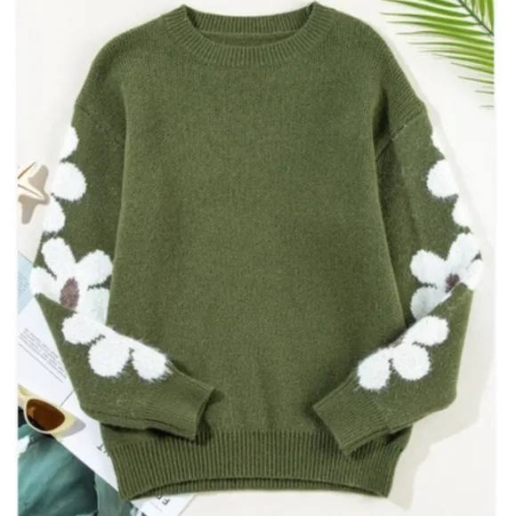 New Green floral print  crewneck sweater