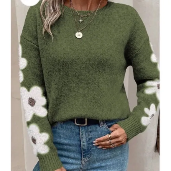 New Green floral print  crewneck sweater