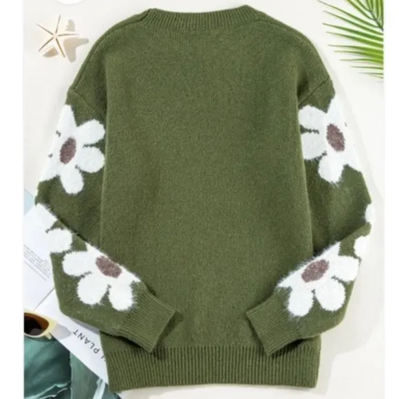 New Green floral print  crewneck sweater
