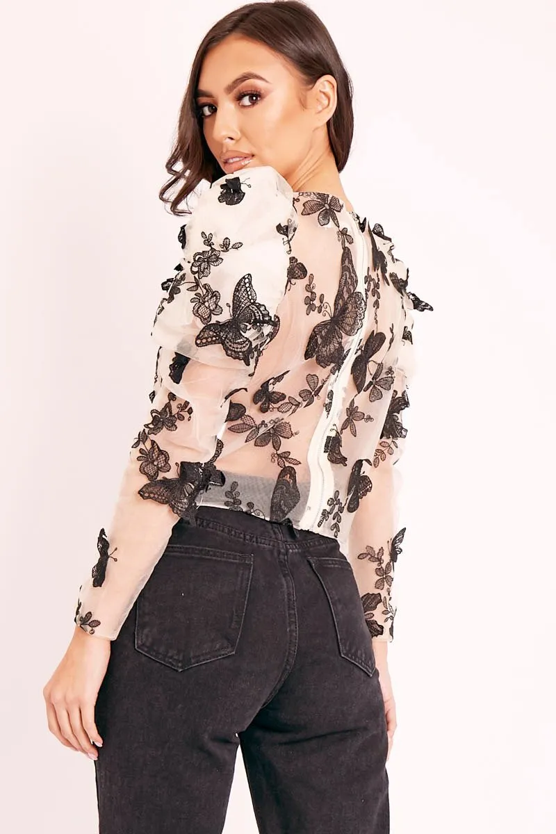 Nude Butterfly Embroidery Mesh Puff Sleeve Top - Raaya