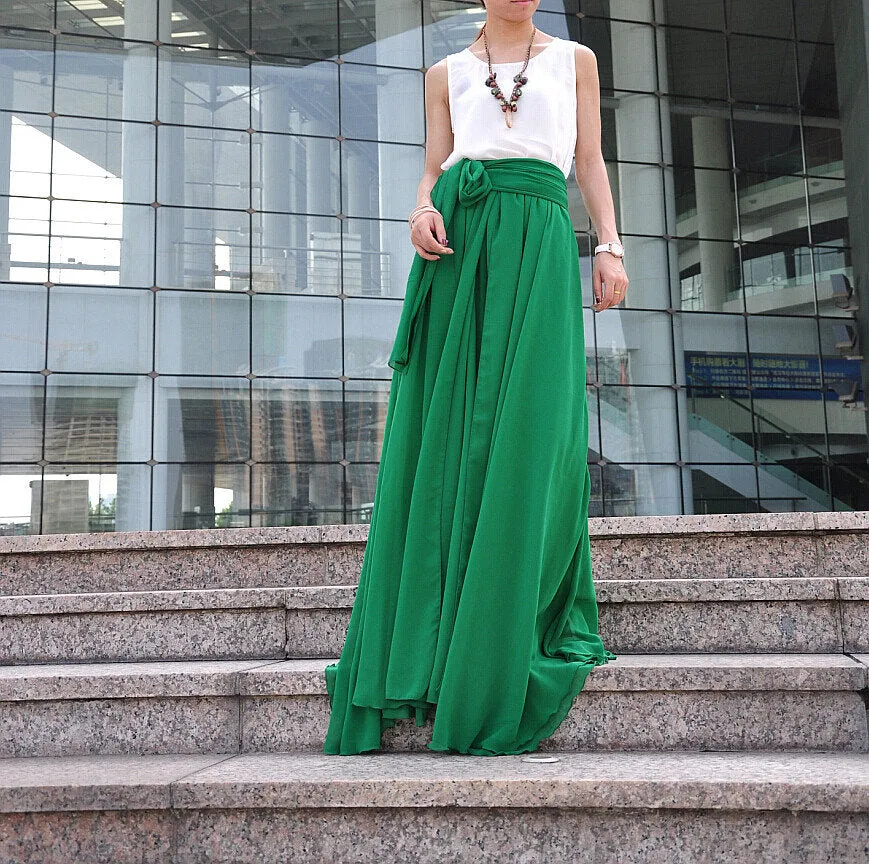 Plus Size Maxi Skirt Chiffon Silk Skirts Beautiful Bow Tie Green Elastic Waist Summer Skirt Floor Length Long Skirt (037),#104