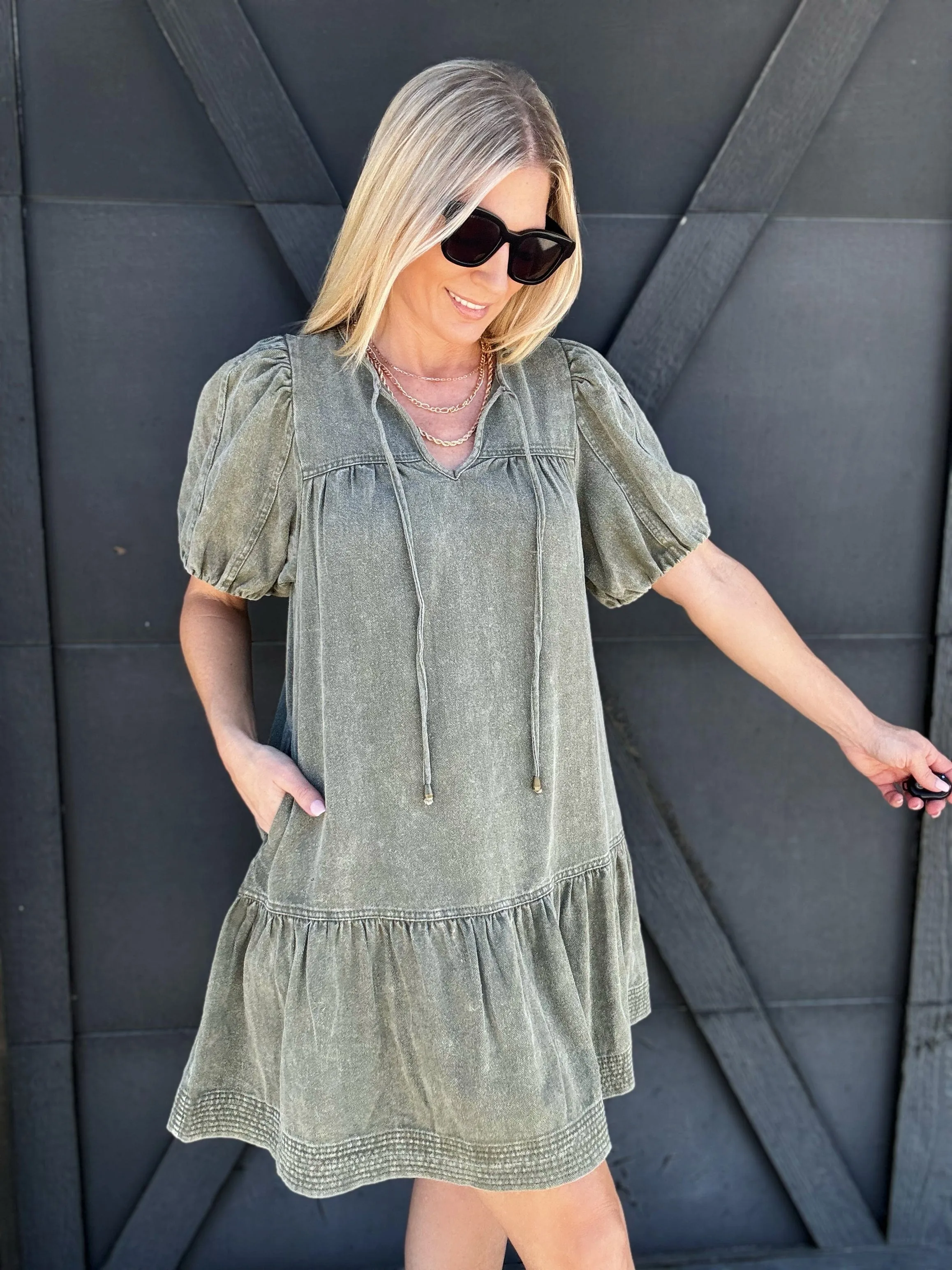 Puff Sleeves Mini Dress In Olive