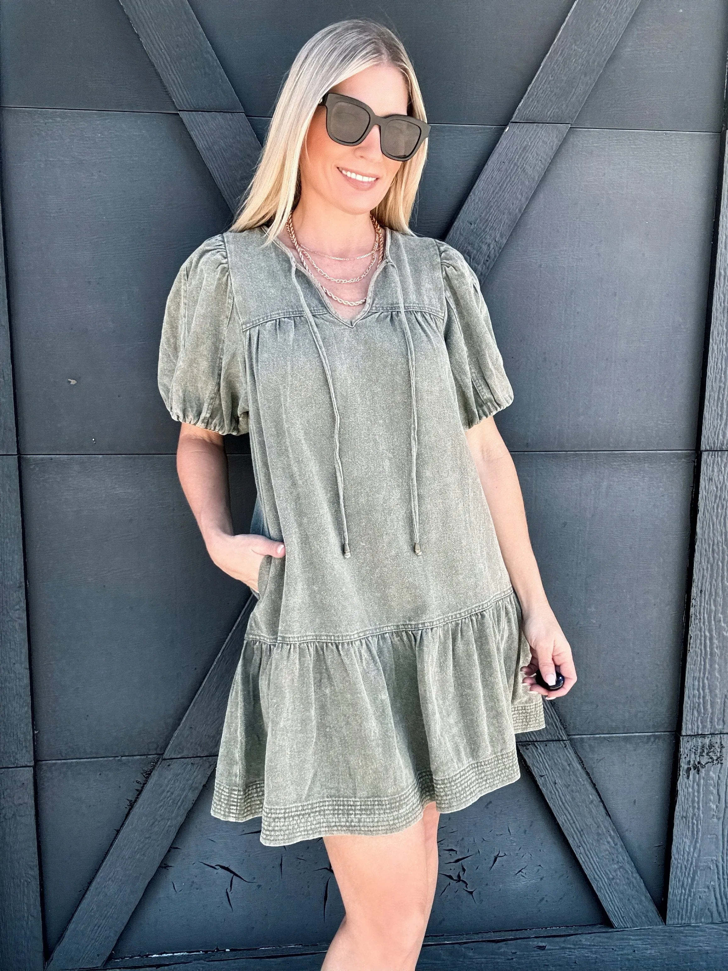 Puff Sleeves Mini Dress In Olive