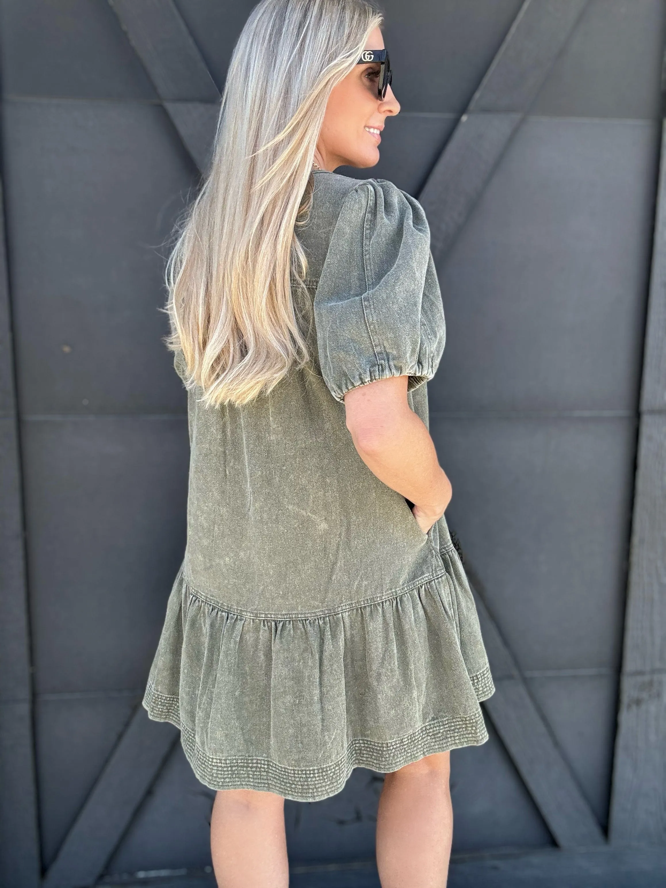 Puff Sleeves Mini Dress In Olive