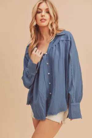 Raw Hem Button Down Raglan Sleeve Shirt
