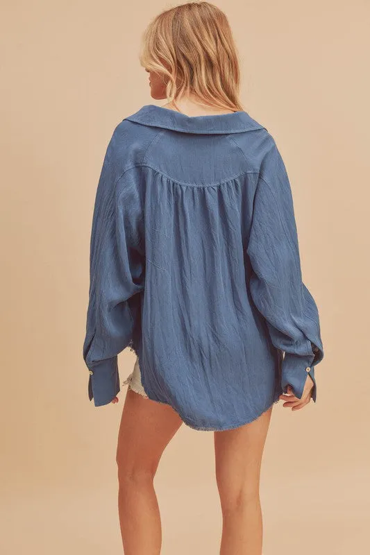 Raw Hem Button Down Raglan Sleeve Shirt