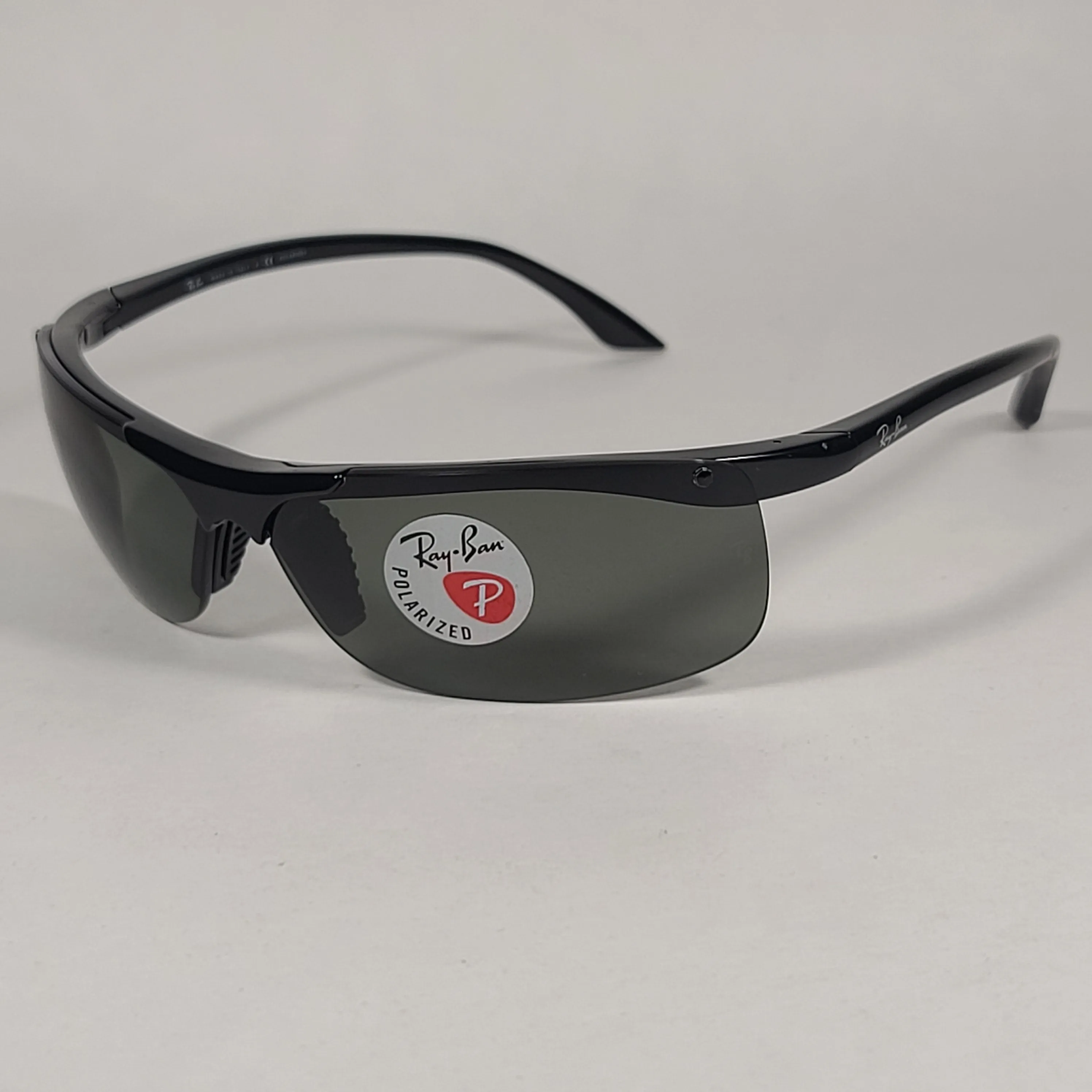 Ray-Ban Active Rimless Polarized Sunglasses RB4085 601/9A Sport Wrap Shiny Black Frame Green Lens