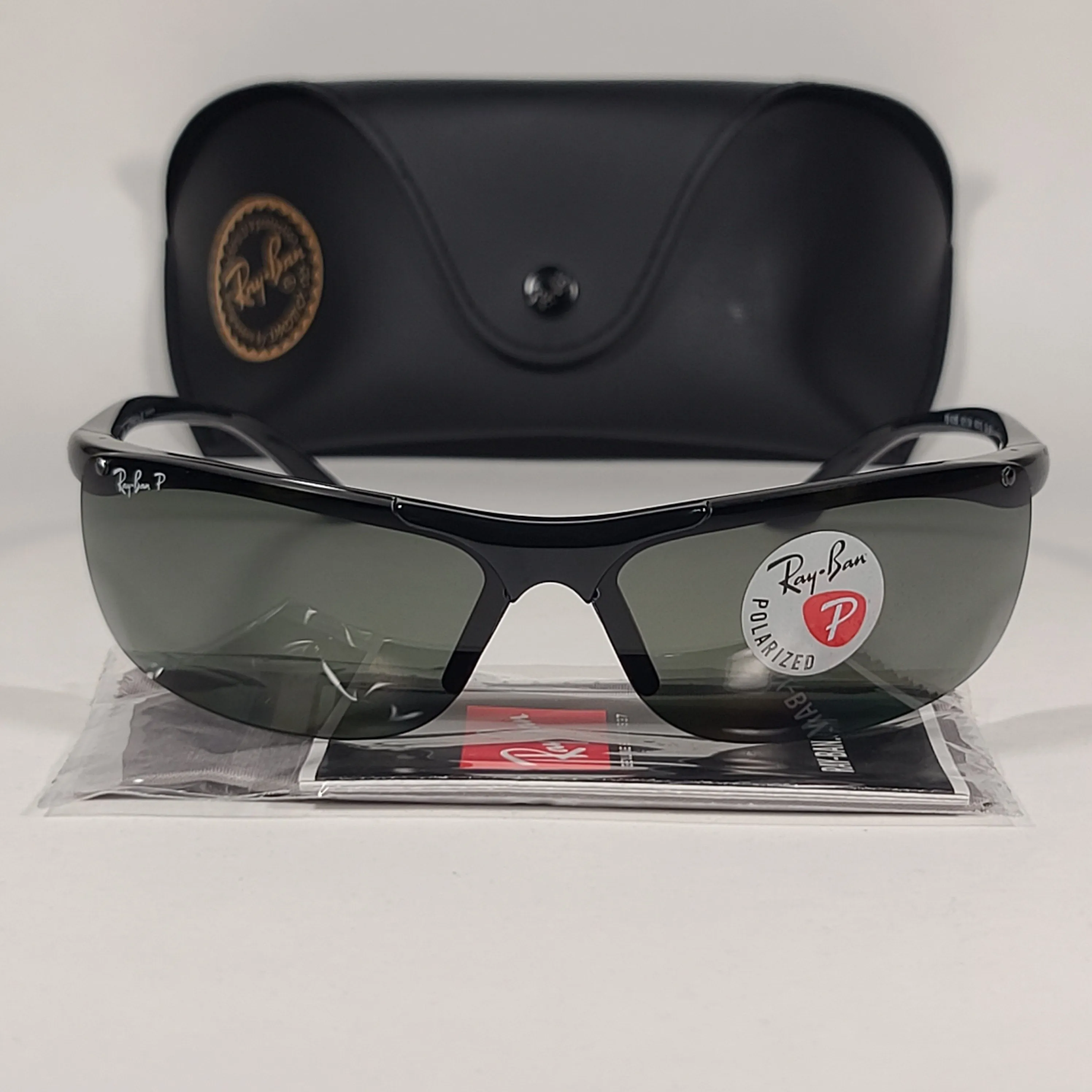 Ray-Ban Active Rimless Polarized Sunglasses RB4085 601/9A Sport Wrap Shiny Black Frame Green Lens