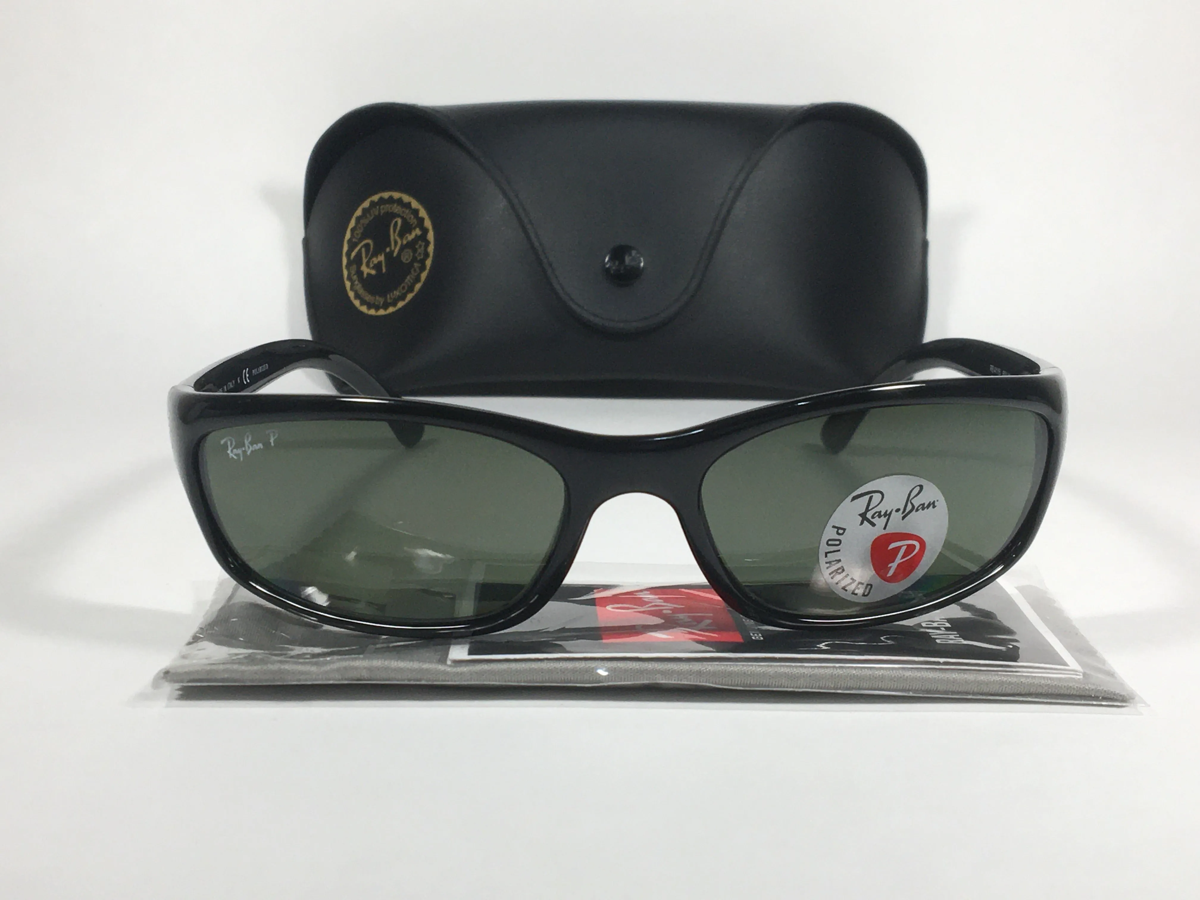 Ray-Ban Polarized Small Predator Active Lifestyle Sunglasses RB4115 601/9A Wrap Black Gloss Green Lens