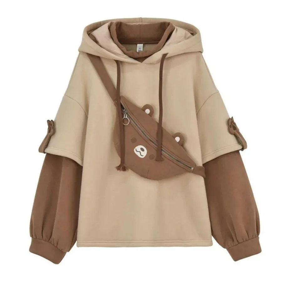 【READY TO SHIP】Winter Bear Detachable Bag Fake Two-Piece Fleece Hoodie C00554