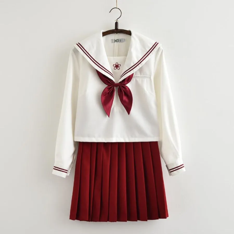 Red Sakura Blossom Embroidered Sailor School Uniform J40129