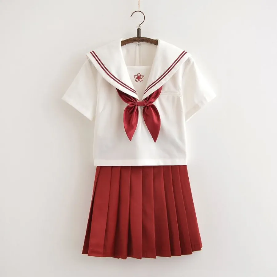 Red Sakura Blossom Embroidered Sailor School Uniform J40129