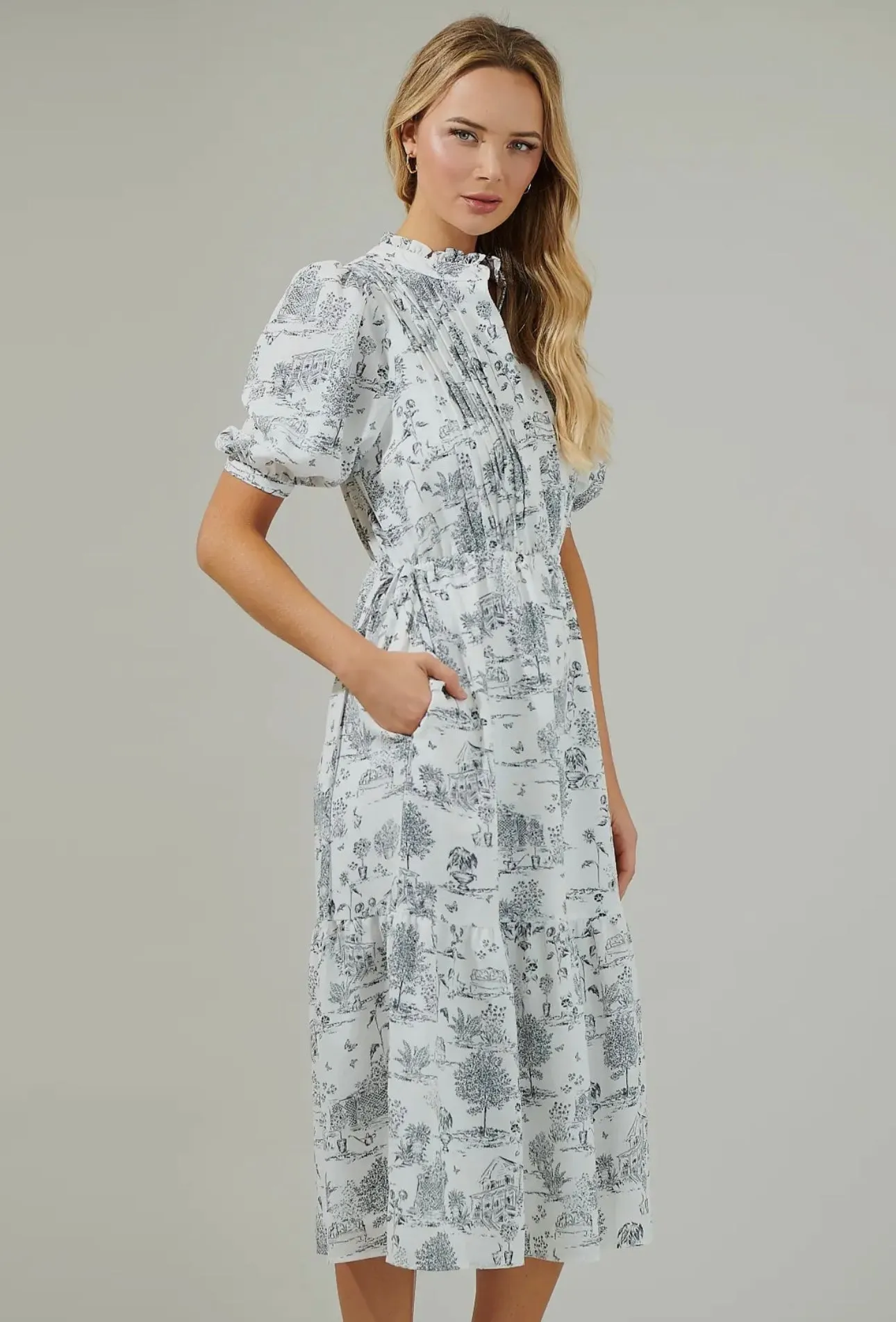 Renzo Toile Pleated Midi Dress