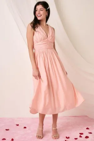 Ruched V-Neck Sleeveless Midi Dress