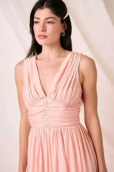 Ruched V-Neck Sleeveless Midi Dress