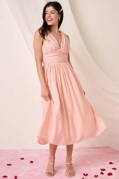 Ruched V-Neck Sleeveless Midi Dress