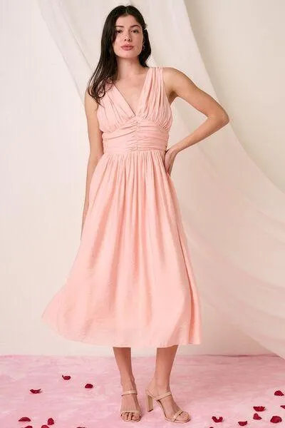 Ruched V-Neck Sleeveless Midi Dress