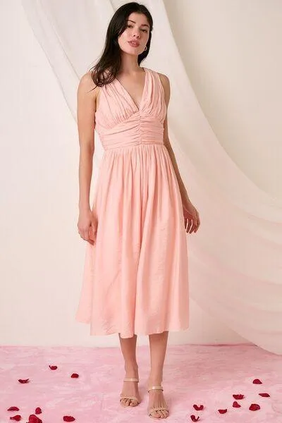 Ruched V-Neck Sleeveless Midi Dress