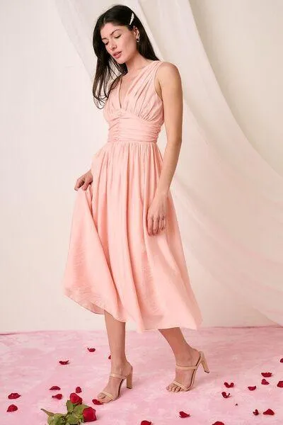 Ruched V-Neck Sleeveless Midi Dress