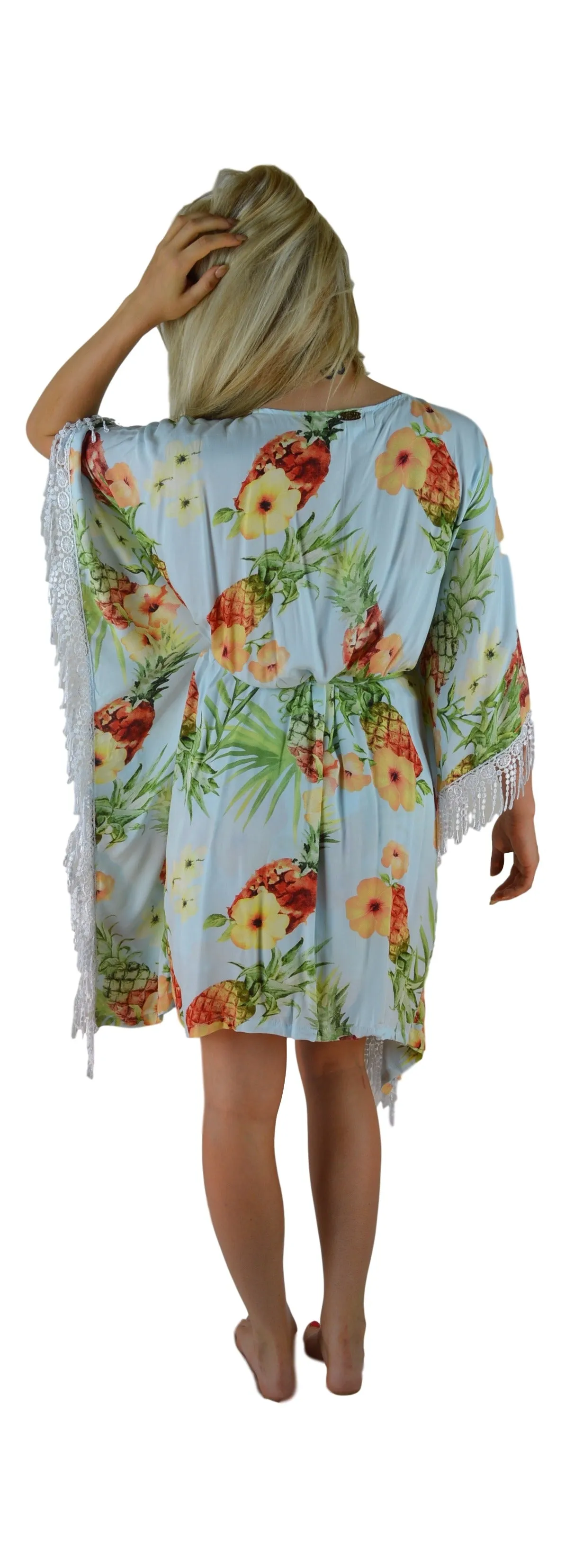 Secret Beach - Haiku Kimono - Long Lace - Hibiscus Pineapple - Light Blue