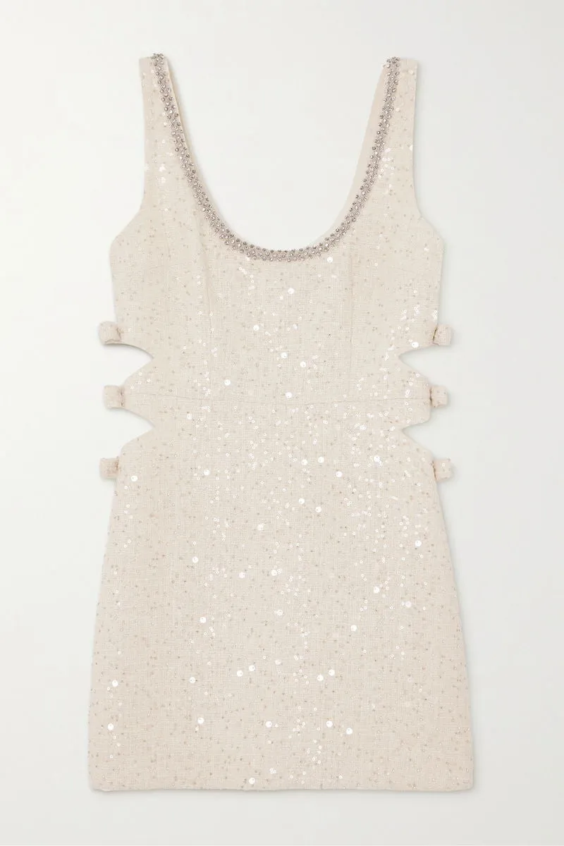 Self-Portrait Cream Boucle Embellished Neck Cut Out Mini Dress UK 4