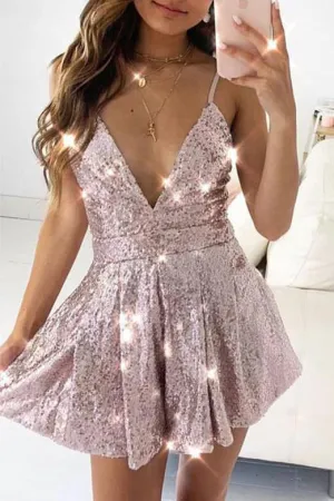 Sequins Short Homecoming Dresses Deep V Neck Cocktail Dresses OHM087
