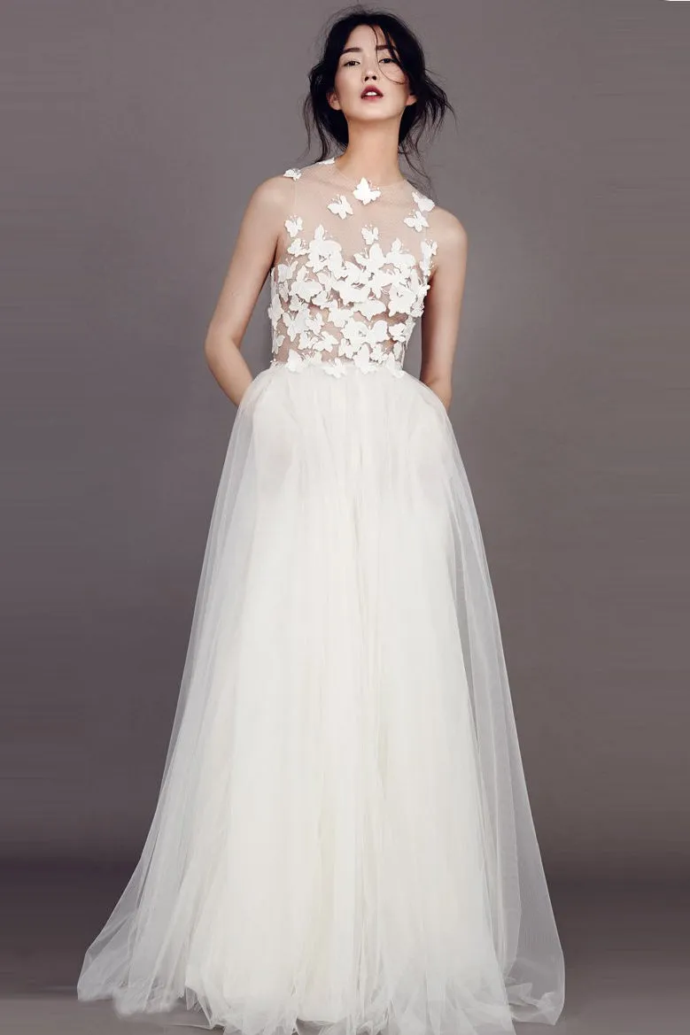 Sexy A-line Scoop Neck Floor Length Sleeveless Butterfly Appliques Long Tulle Bridal Gown Wedding Dresses OHD147