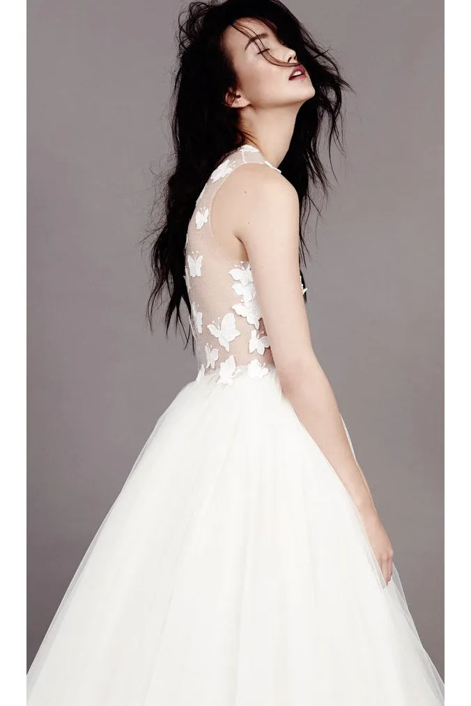 Sexy A-line Scoop Neck Floor Length Sleeveless Butterfly Appliques Long Tulle Bridal Gown Wedding Dresses OHD147