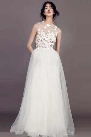 Sexy A-line Scoop Neck Floor Length Sleeveless Butterfly Appliques Long Tulle Bridal Gown Wedding Dresses OHD147