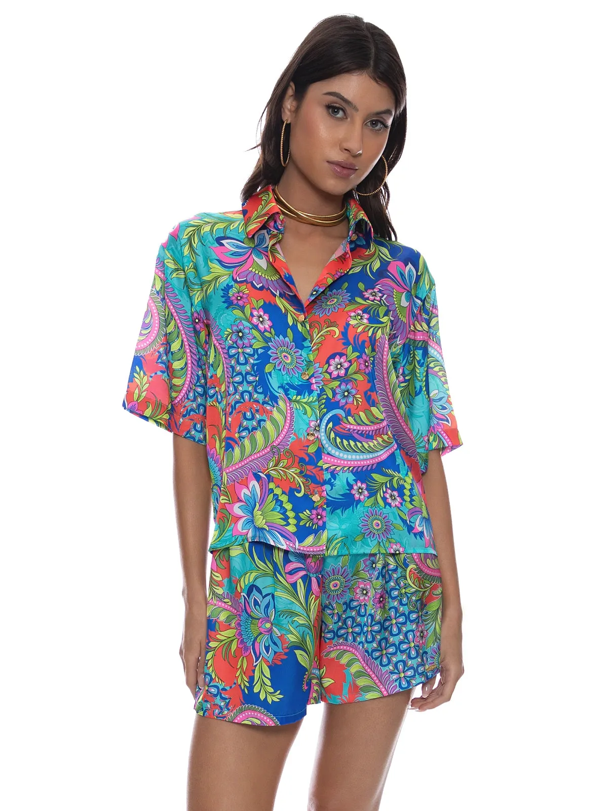 Short Sleeve Collared Blouse-Elastic Waistband Short