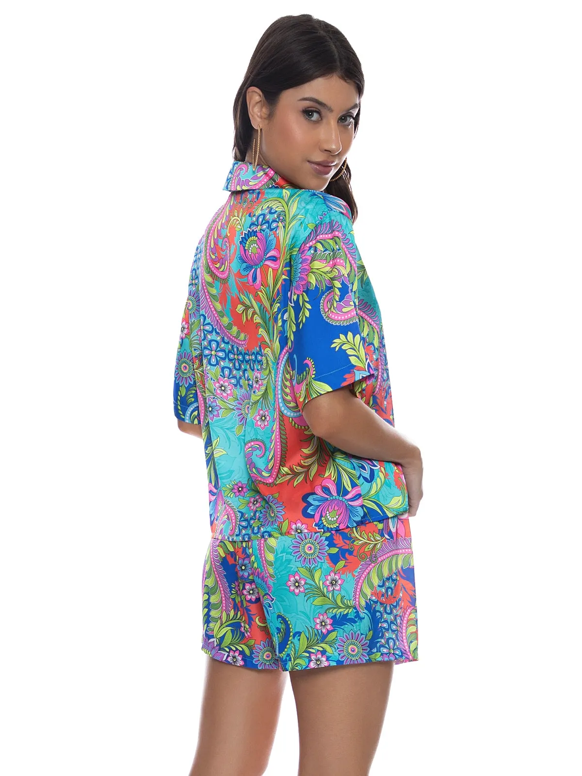 Short Sleeve Collared Blouse-Elastic Waistband Short