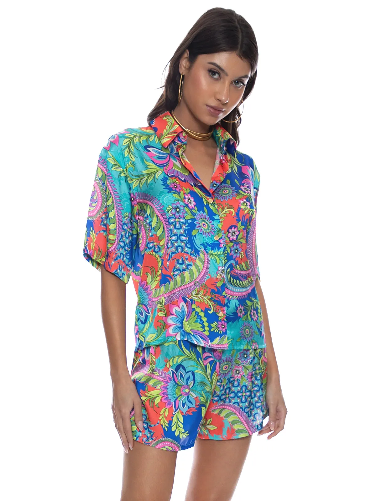 Short Sleeve Collared Blouse-Elastic Waistband Short