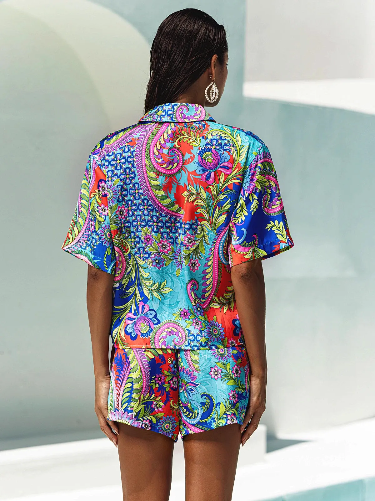 Short Sleeve Collared Blouse-Elastic Waistband Short