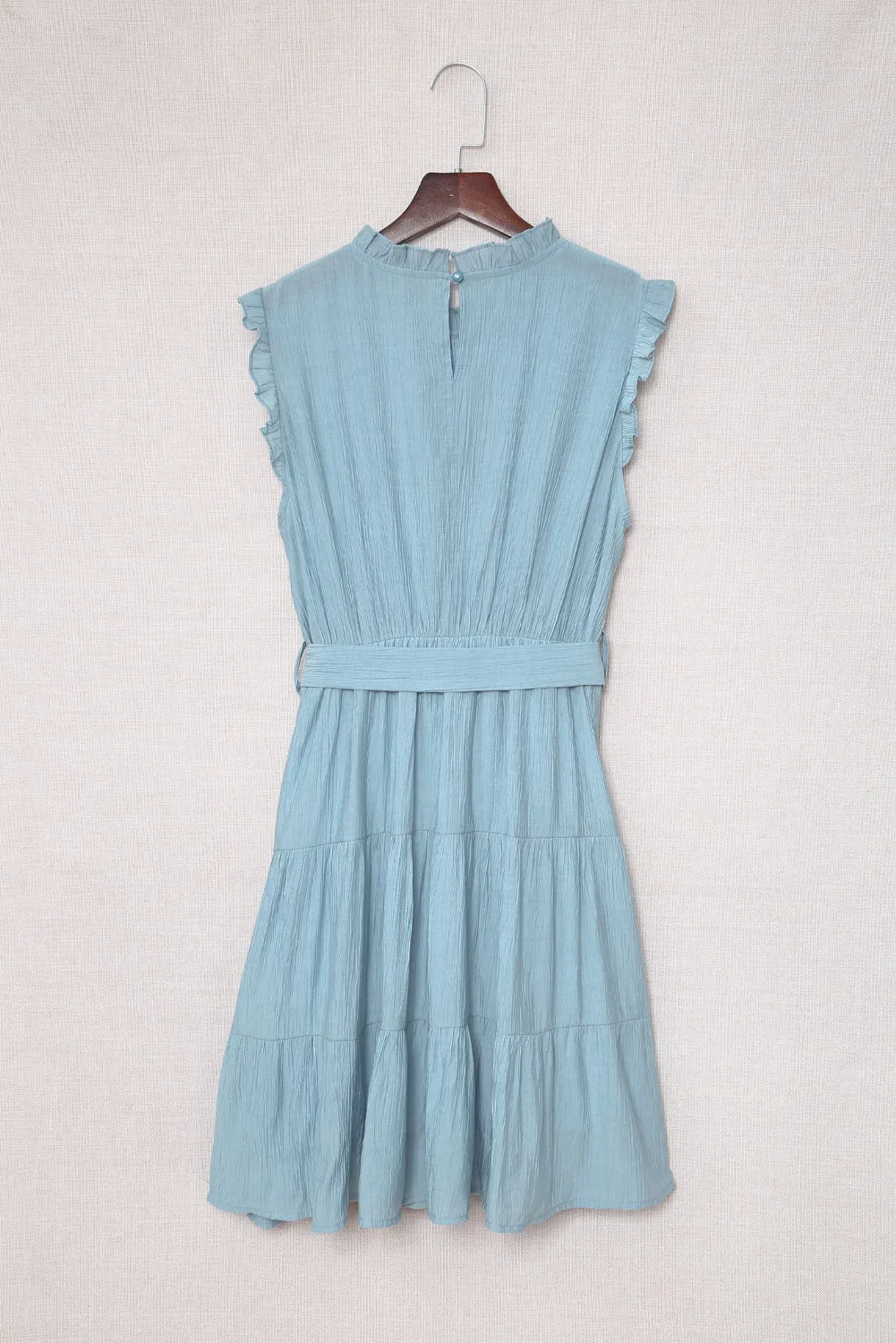Sky Blue Frilled Neck Sleeveless Tiered Tulle Dress