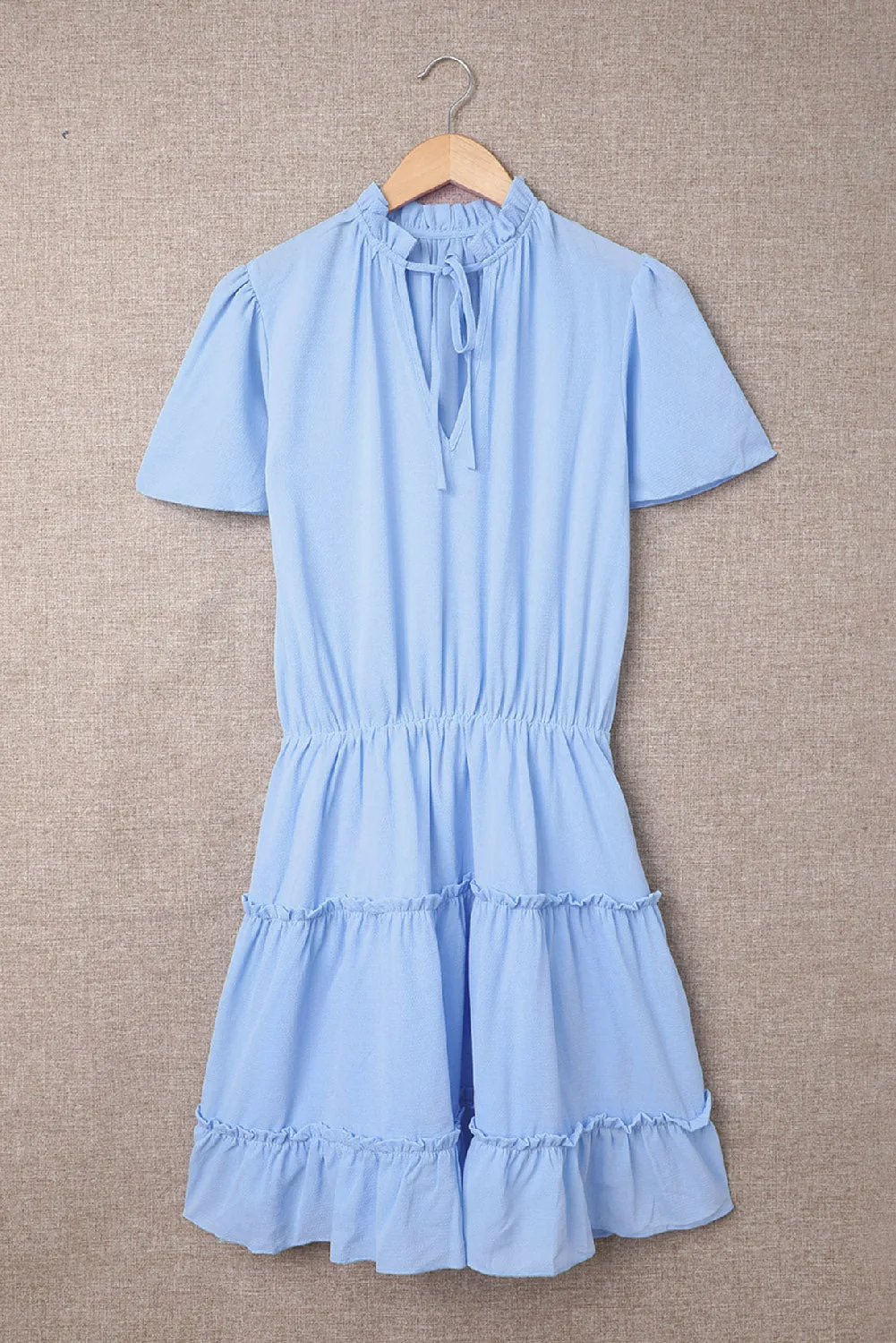 Sky Blue V Neck Ruffled Swing Mini Dress