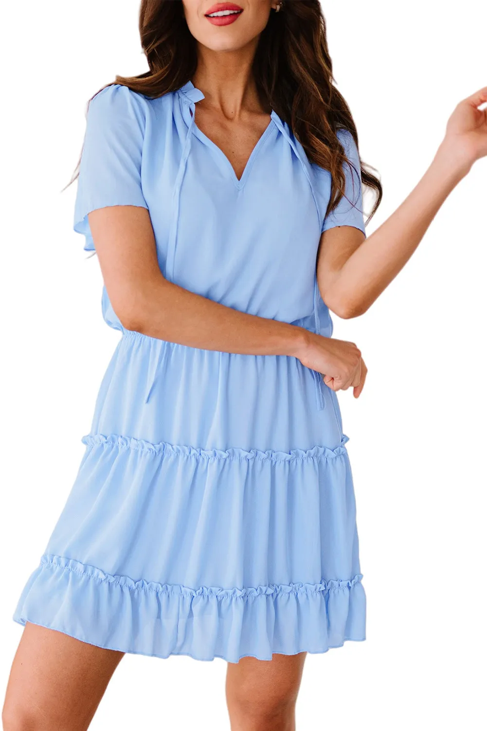 Sky Blue V Neck Ruffled Swing Mini Dress
