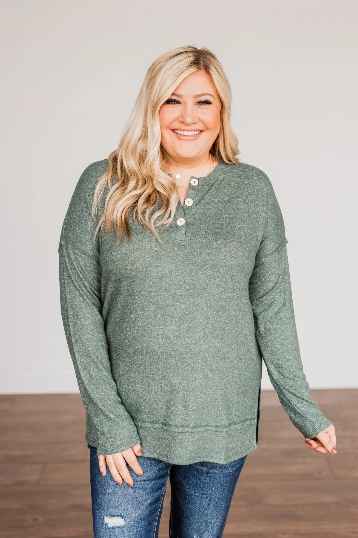 Soft Gazes Button Long Sleeve Top- Hunter Green