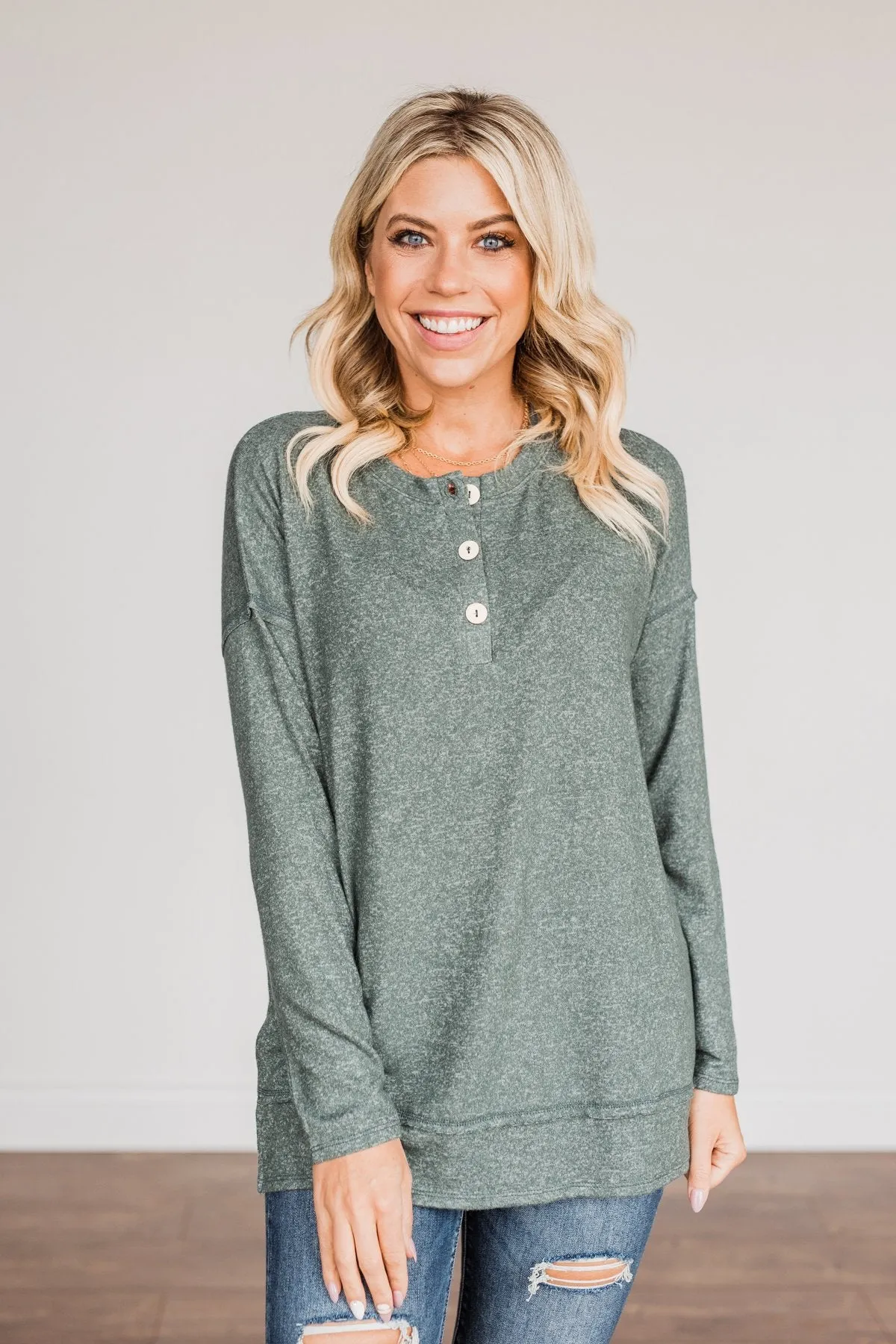 Soft Gazes Button Long Sleeve Top- Hunter Green
