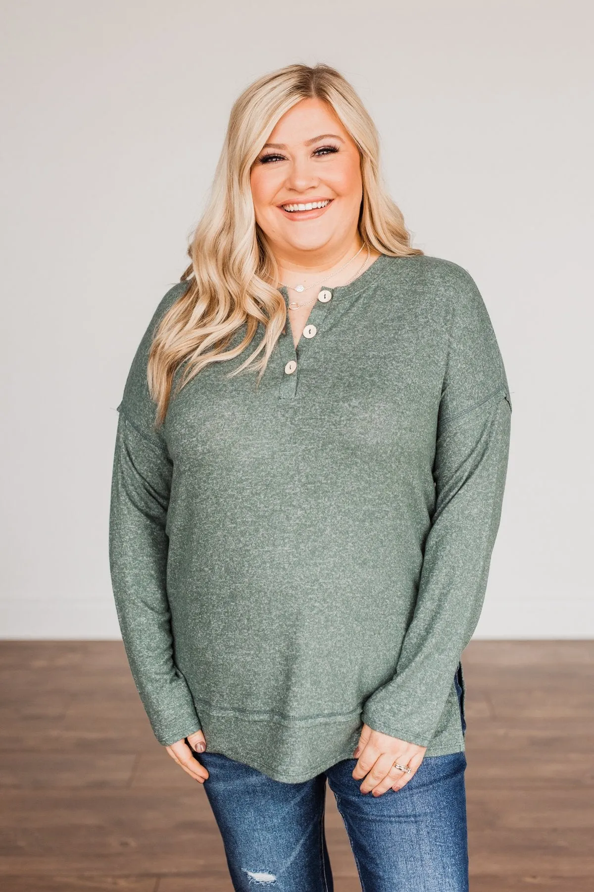 Soft Gazes Button Long Sleeve Top- Hunter Green