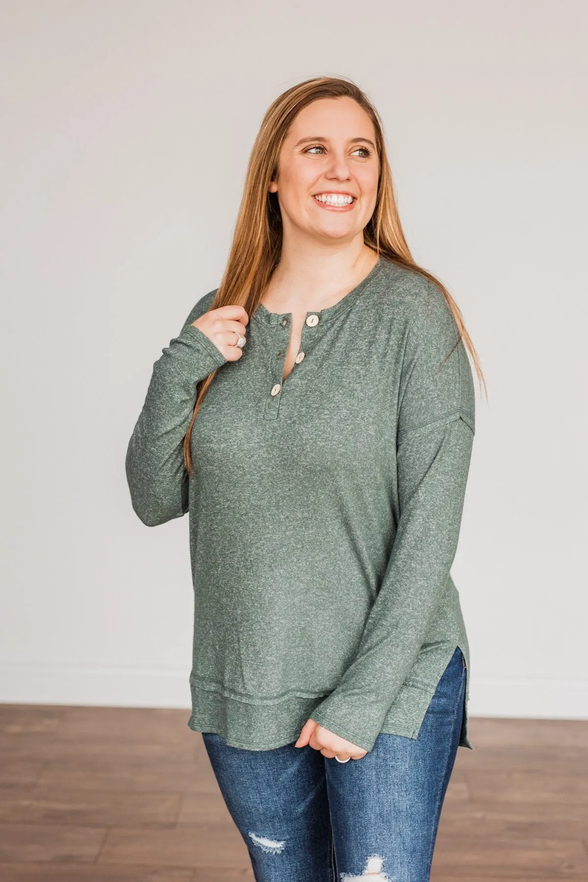 Soft Gazes Button Long Sleeve Top- Hunter Green