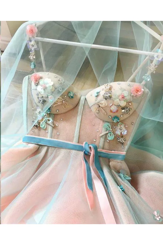 Sparkly Prom Dresses A Line Sleeveless Hand-Made Flower Long Pink Tulle Prom Dress Fashion Evening Dress OHC244