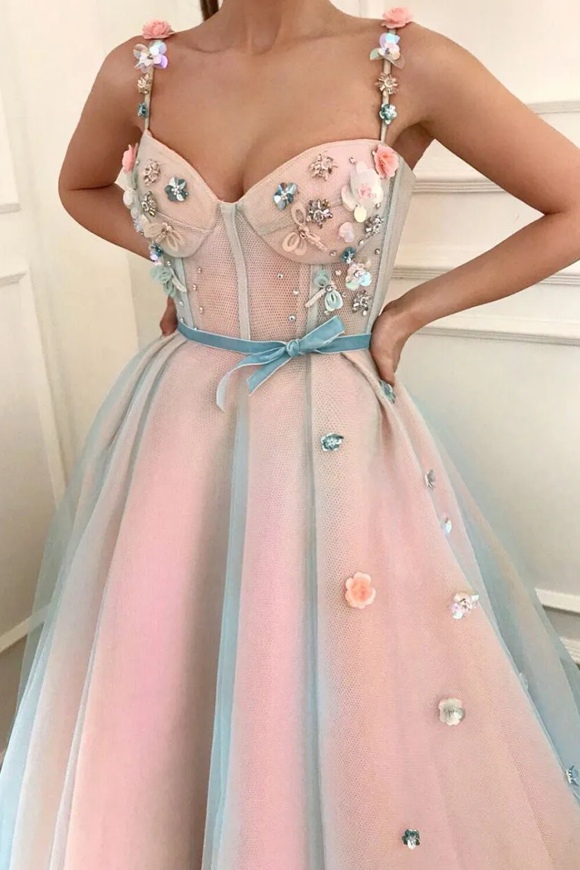 Sparkly Prom Dresses A Line Sleeveless Hand-Made Flower Long Pink Tulle Prom Dress Fashion Evening Dress OHC244