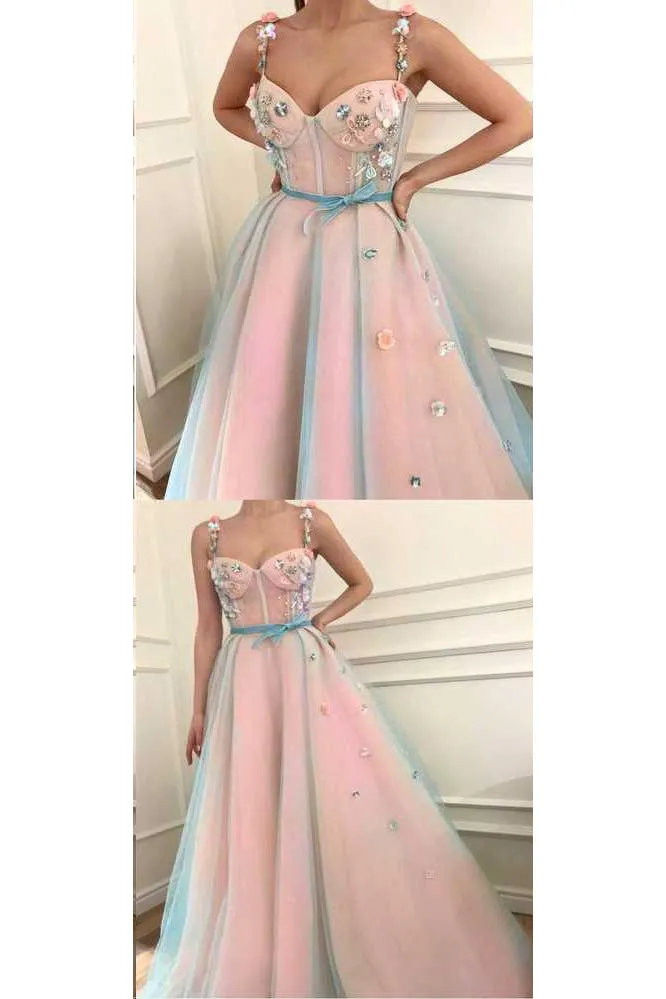 Sparkly Prom Dresses A Line Sleeveless Hand-Made Flower Long Pink Tulle Prom Dress Fashion Evening Dress OHC244
