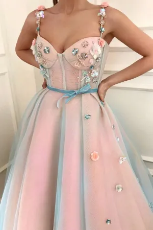 Sparkly Prom Dresses A Line Sleeveless Hand-Made Flower Long Pink Tulle Prom Dress Fashion Evening Dress OHC244